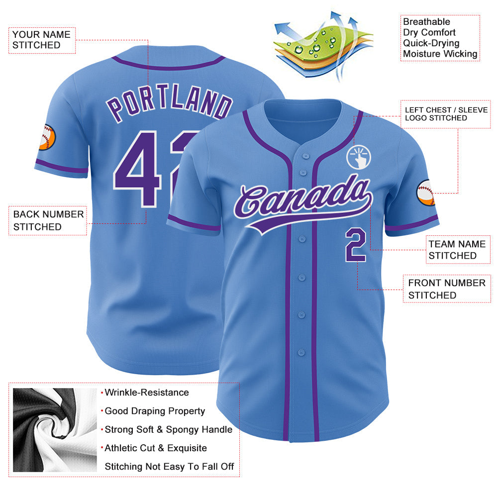 Custom Powder Blue Purple-White Authentic Baseball Jersey view 3