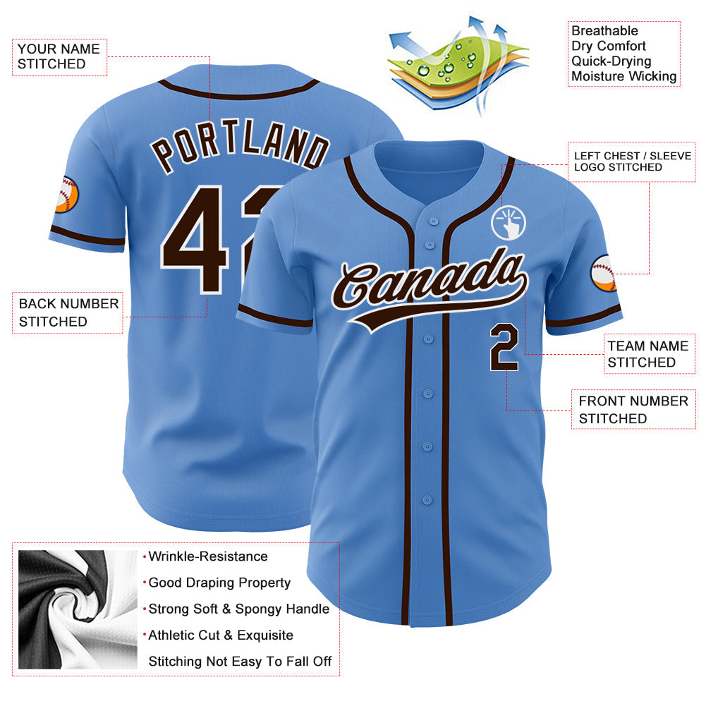 Custom Powder Blue Brown-White Authentic Baseball Jersey view 3