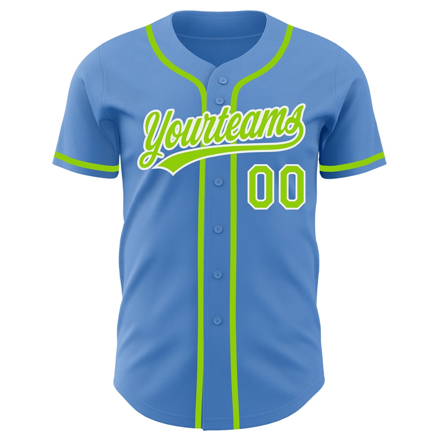 Custom Powder Blue Neon Green-White Authentic Baseball Jersey view 2