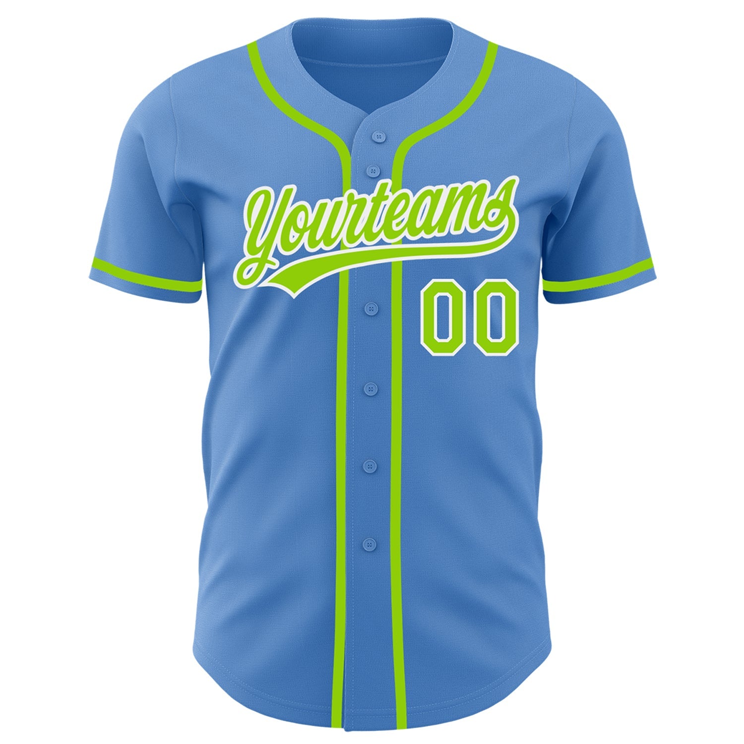 Custom Powder Blue Neon Green-White Authentic Baseball Jersey view 2