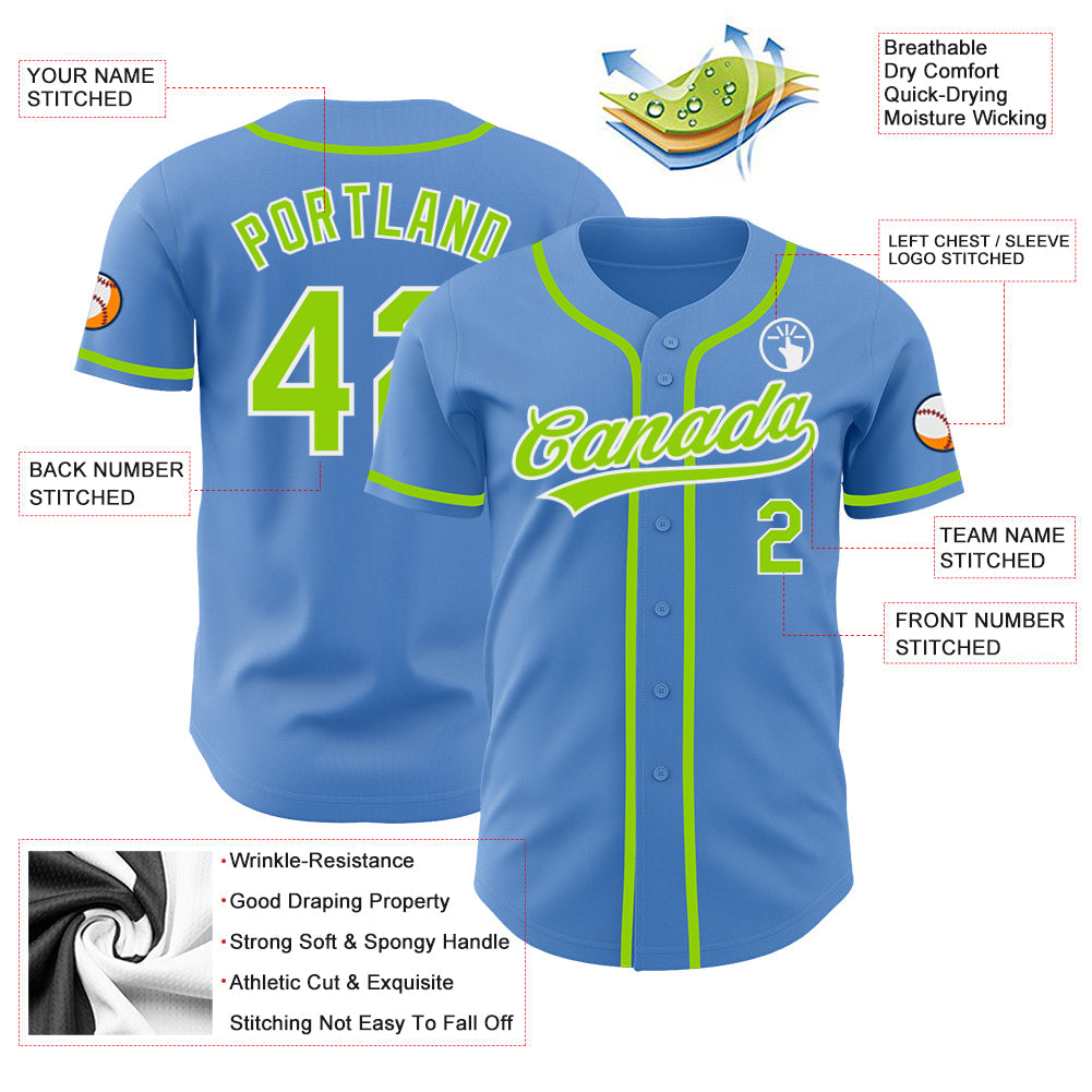 Custom Powder Blue Neon Green-White Authentic Baseball Jersey view 3
