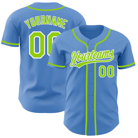 Custom Powder Blue Neon Green-White Authentic Baseball Jersey - Main View