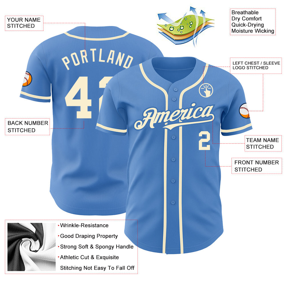 Custom Powder Blue Cream Authentic Baseball Jersey view 3