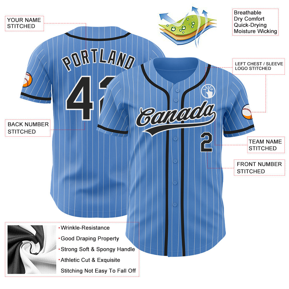 Custom Powder Blue White Pinstripe Black Authentic Baseball Jersey view 3