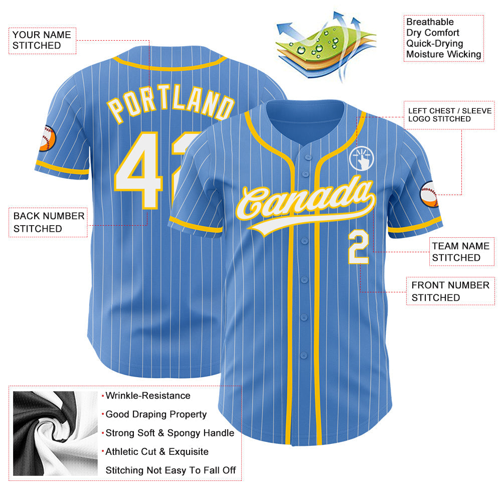 Custom Powder Blue White Pinstripe Yellow Authentic Baseball Jersey view 3
