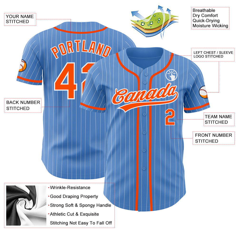 Custom Powder Blue White Pinstripe Orange Authentic Baseball Jersey view 3