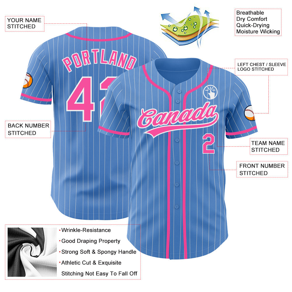 Custom Powder Blue White Pinstripe Pink Authentic Baseball Jersey view 3