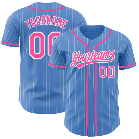 Custom Powder Blue White Pinstripe Pink Authentic Baseball Jersey - Main View