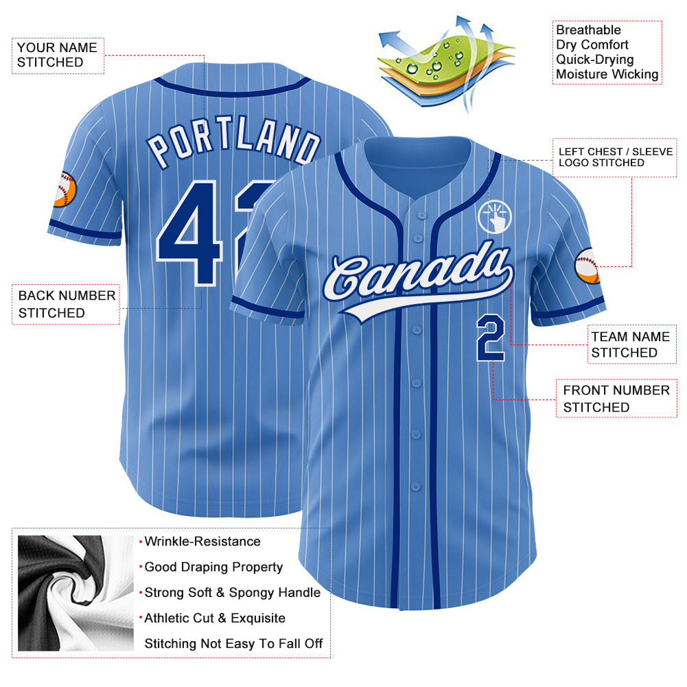 Custom Powder Blue White Pinstripe Royal Authentic Baseball Jersey view 3