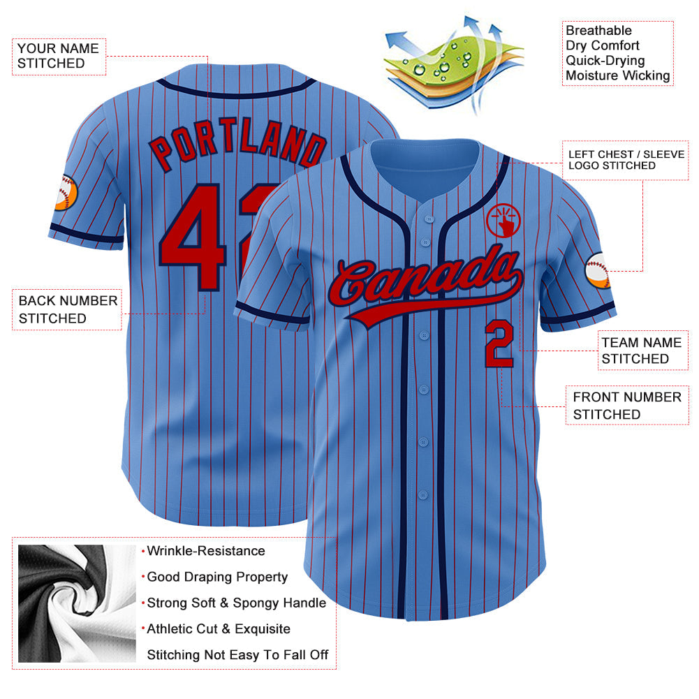 Custom Powder Blue Red Pinstripe Navy Authentic Baseball Jersey view 3
