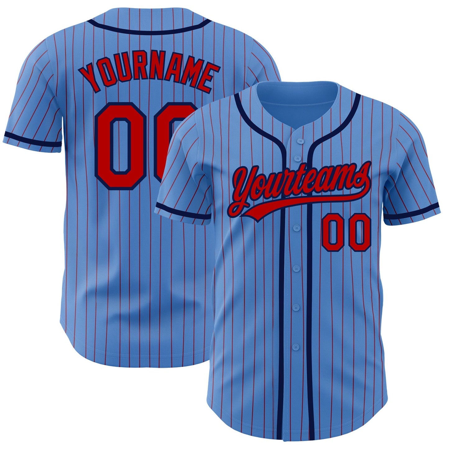 Custom Powder Blue Red Pinstripe Navy Authentic Baseball Jersey - Main View
