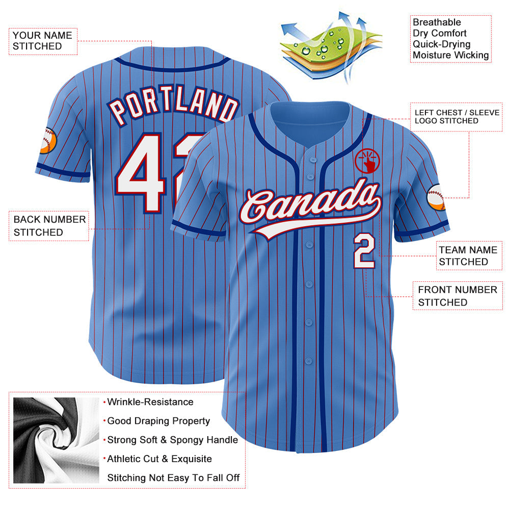 Custom Powder Blue Red Pinstripe White-Royal Authentic Baseball Jersey view 3