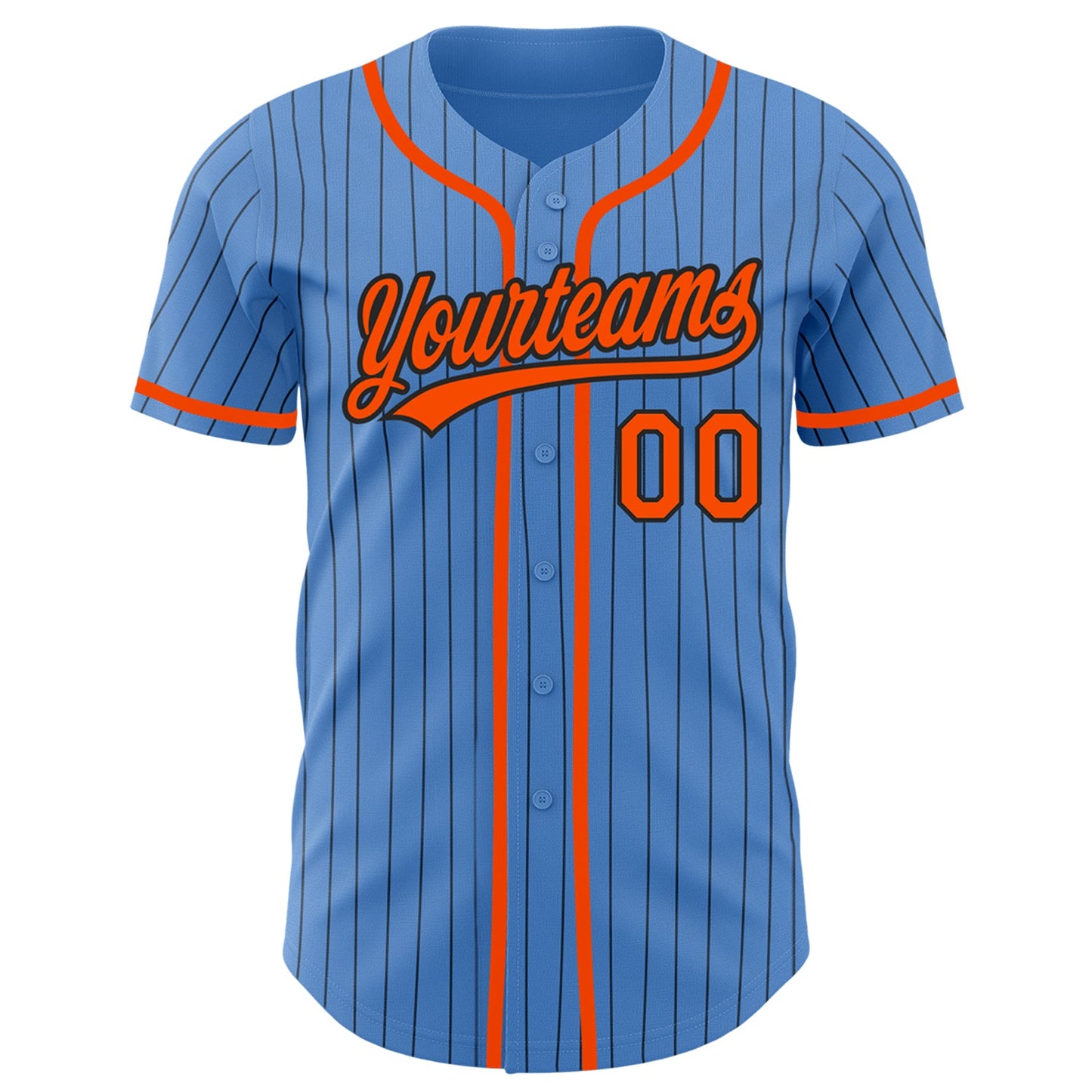 Custom Powder Blue Black Pinstripe Orange Authentic Baseball Jersey view 2