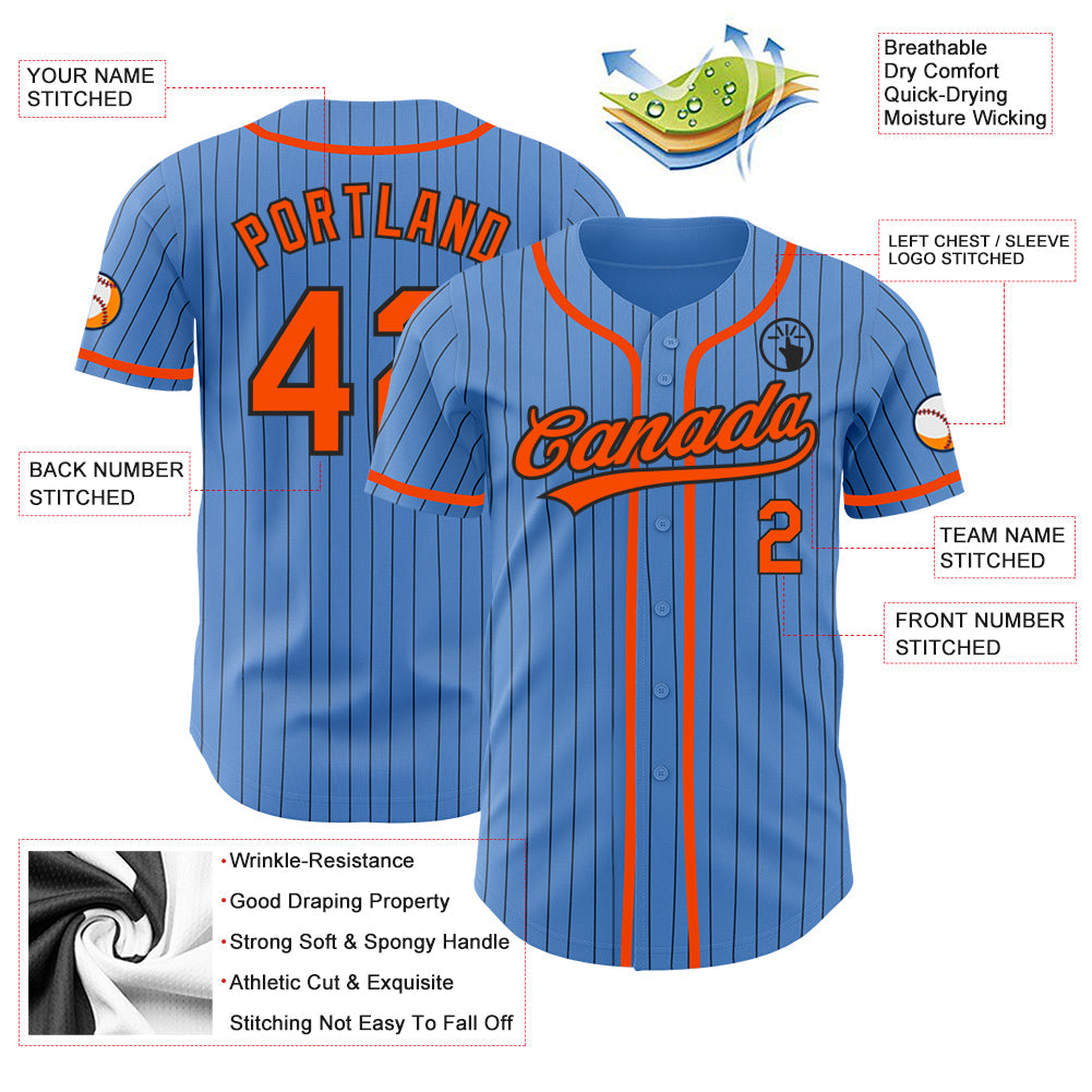 Custom Powder Blue Black Pinstripe Orange Authentic Baseball Jersey view 3