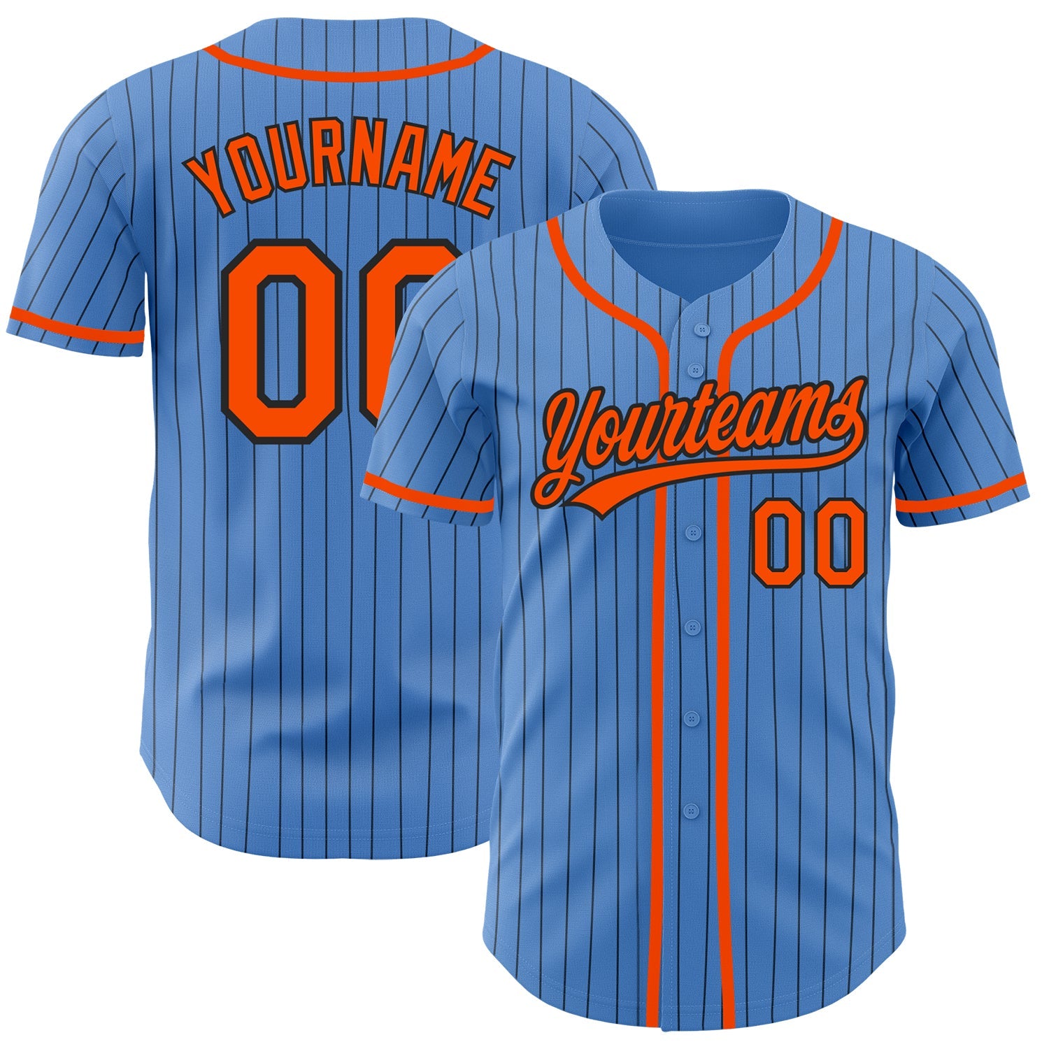 Custom Powder Blue Black Pinstripe Orange Authentic Baseball Jersey - Main View