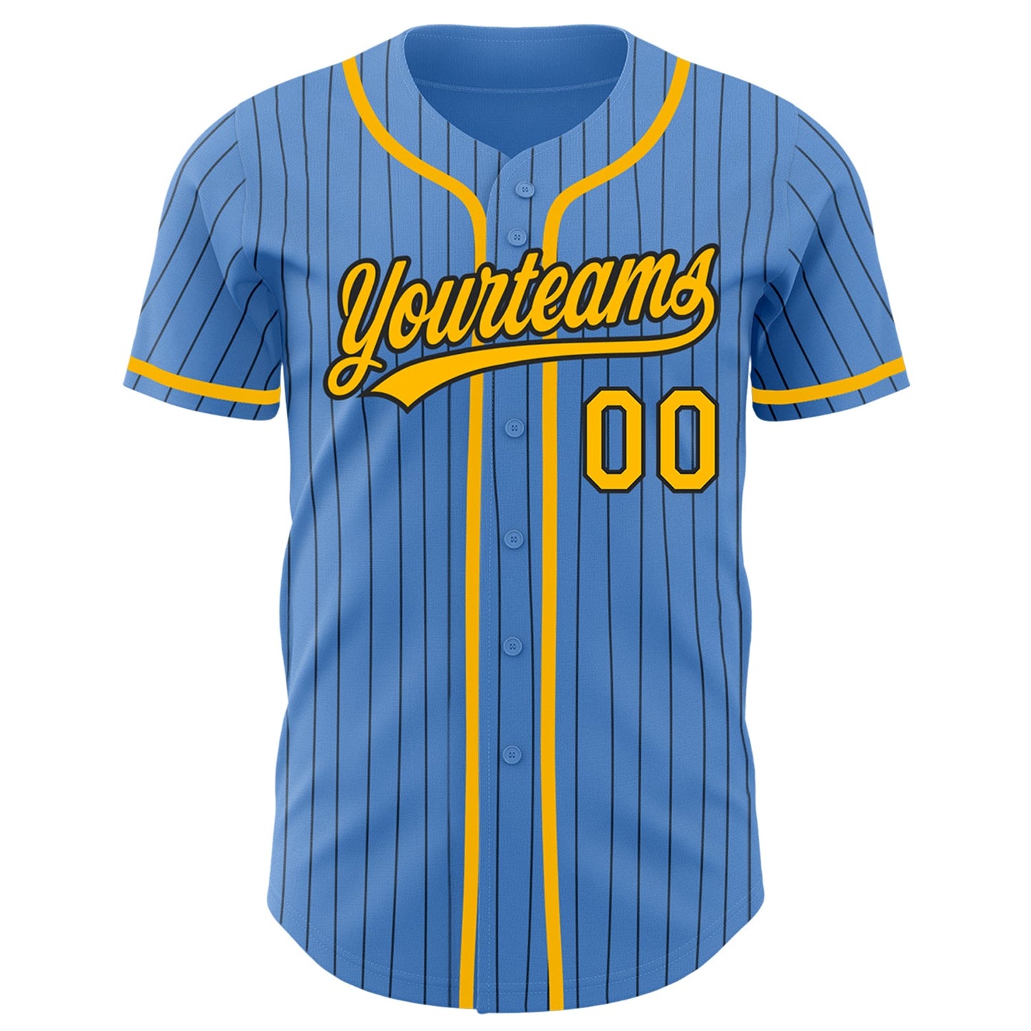 Custom Powder Blue Black Pinstripe Gold Authentic Baseball Jersey view 2