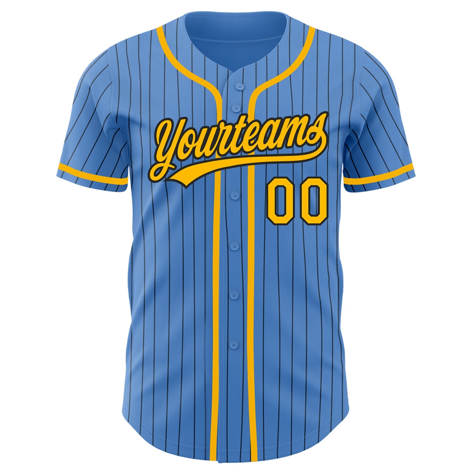 Custom Powder Blue Black Pinstripe Gold Authentic Baseball Jersey view 2