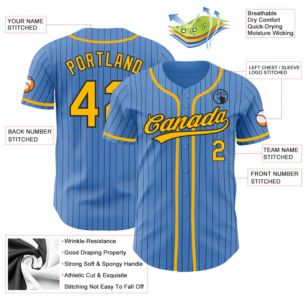Custom Powder Blue Black Pinstripe Gold Authentic Baseball Jersey view 3