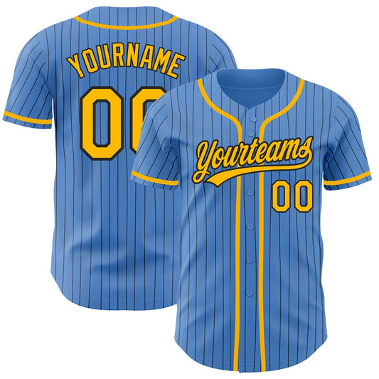 Custom Powder Blue Black Pinstripe Gold Authentic Baseball Jersey - Main View