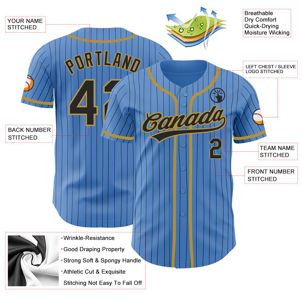 Custom Powder Blue Black Pinstripe Old Gold Authentic Baseball Jersey view 3