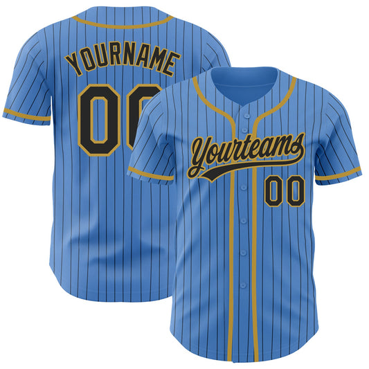 Custom Powder Blue Black Pinstripe Old Gold Authentic Baseball Jersey - Main View