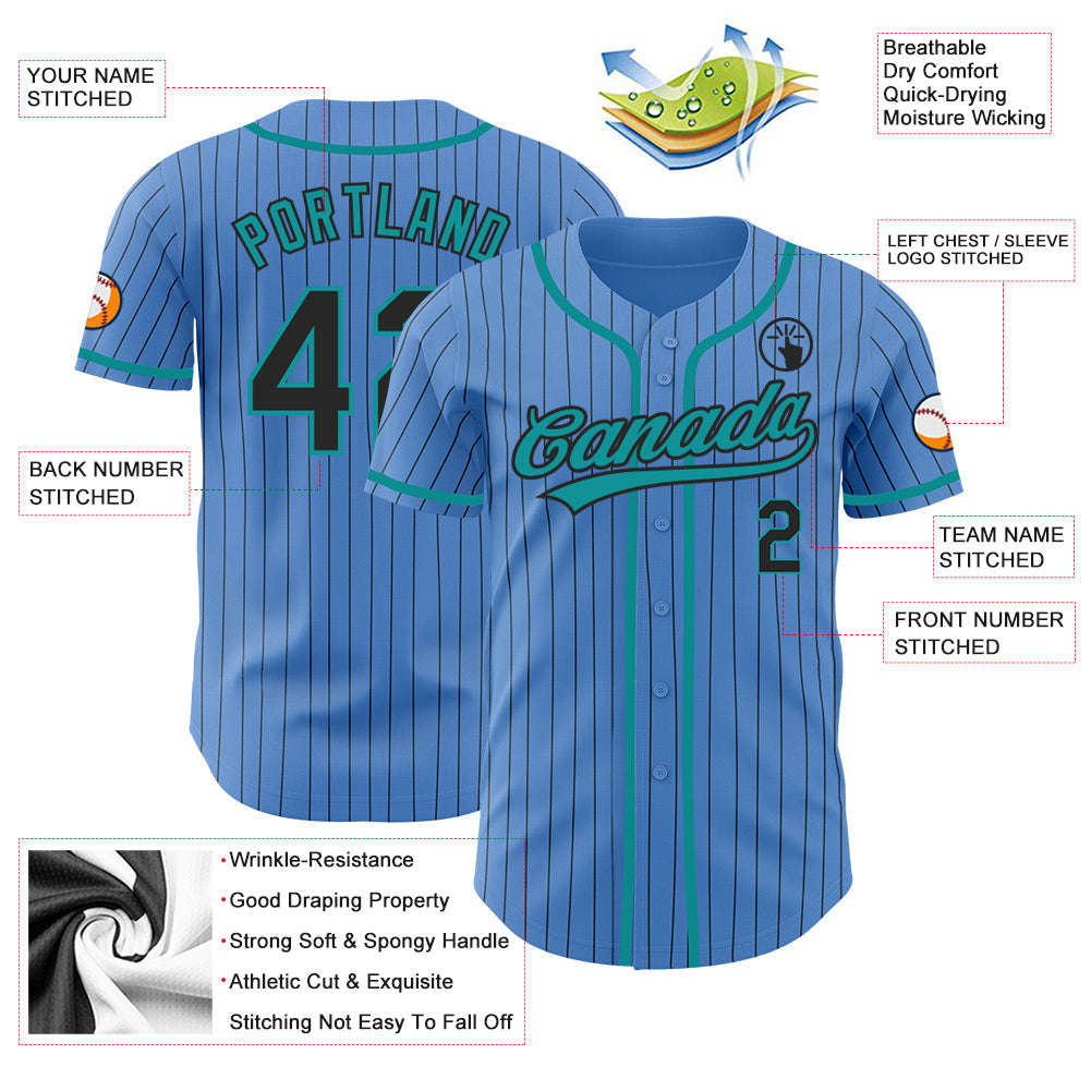 Custom Powder Blue Black Pinstripe Teal Authentic Baseball Jersey view 3