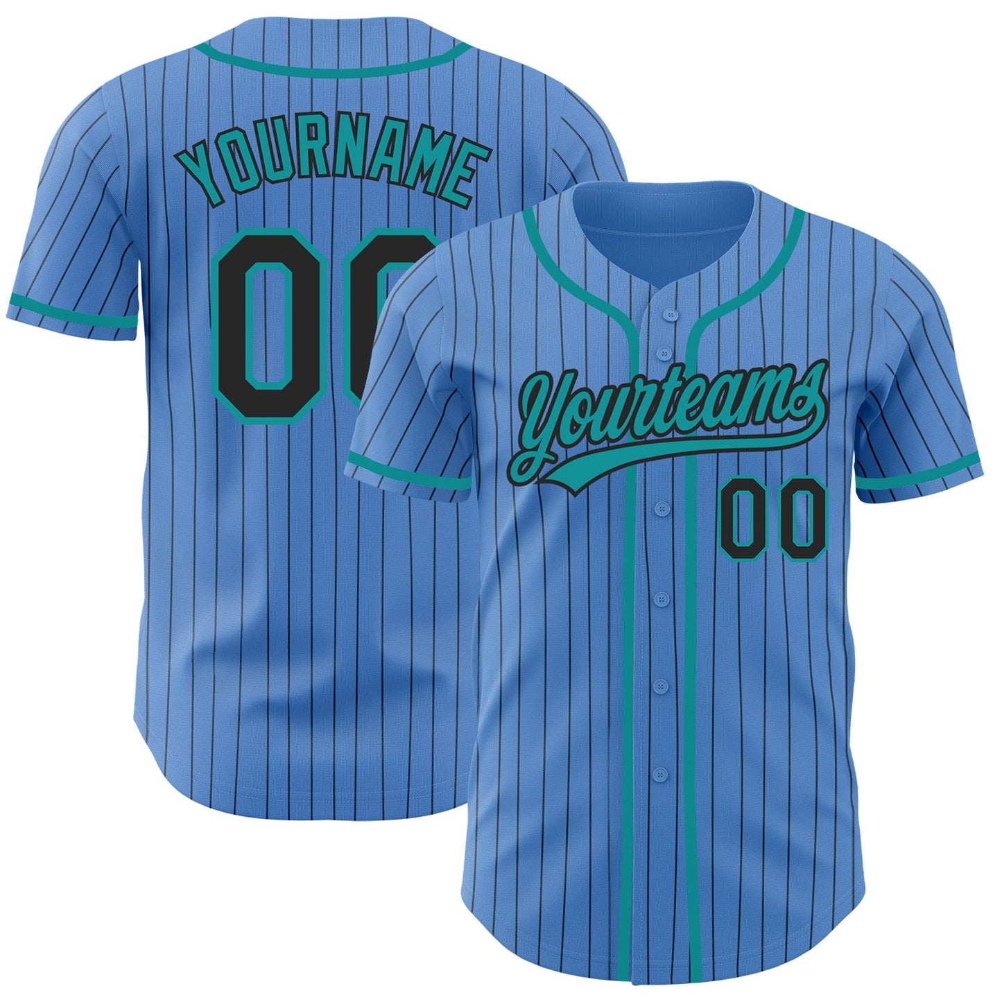 Custom Powder Blue Black Pinstripe Teal Authentic Baseball Jersey - Main View