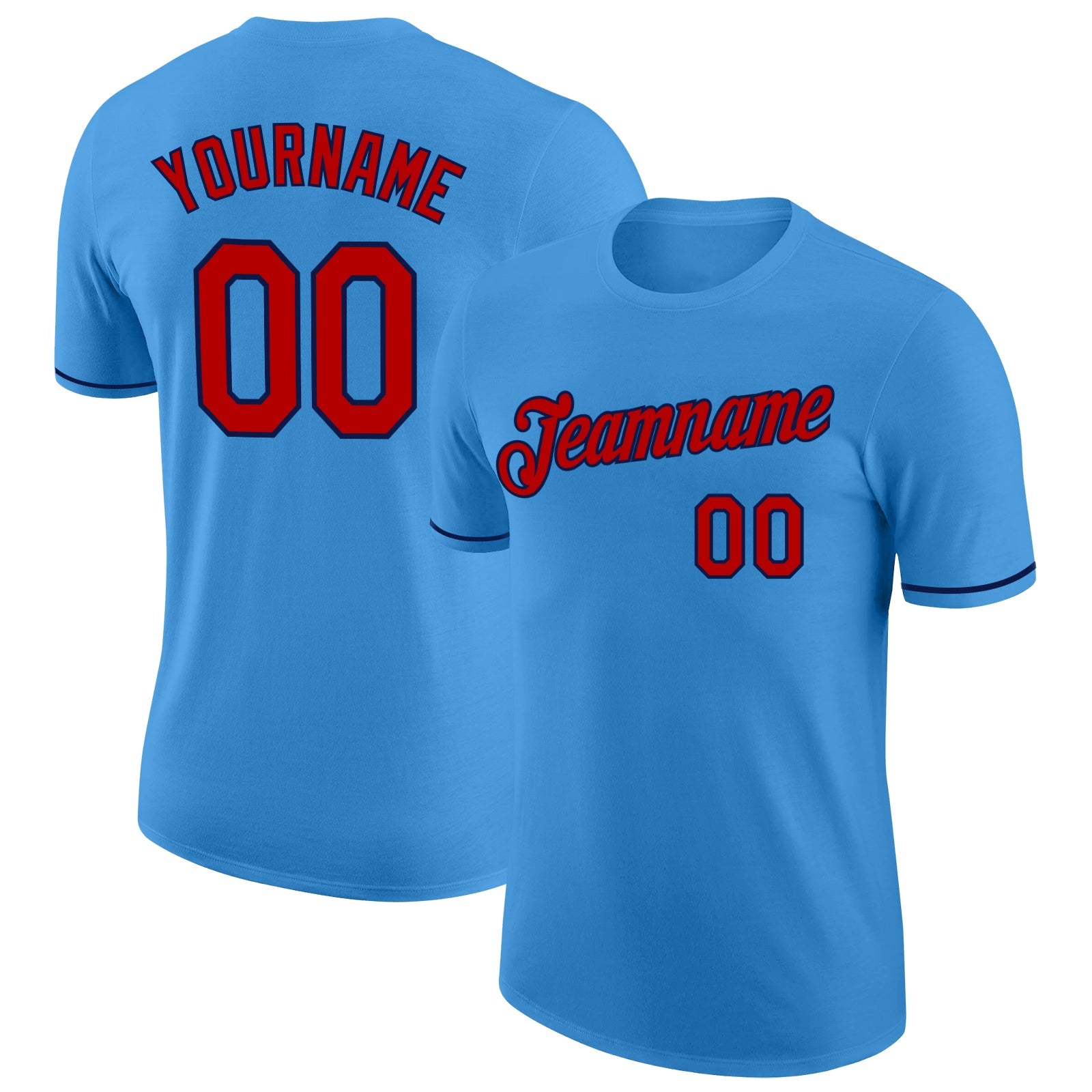 Custom Powder Blue Red-Navy Performance T-Shirt - Main View