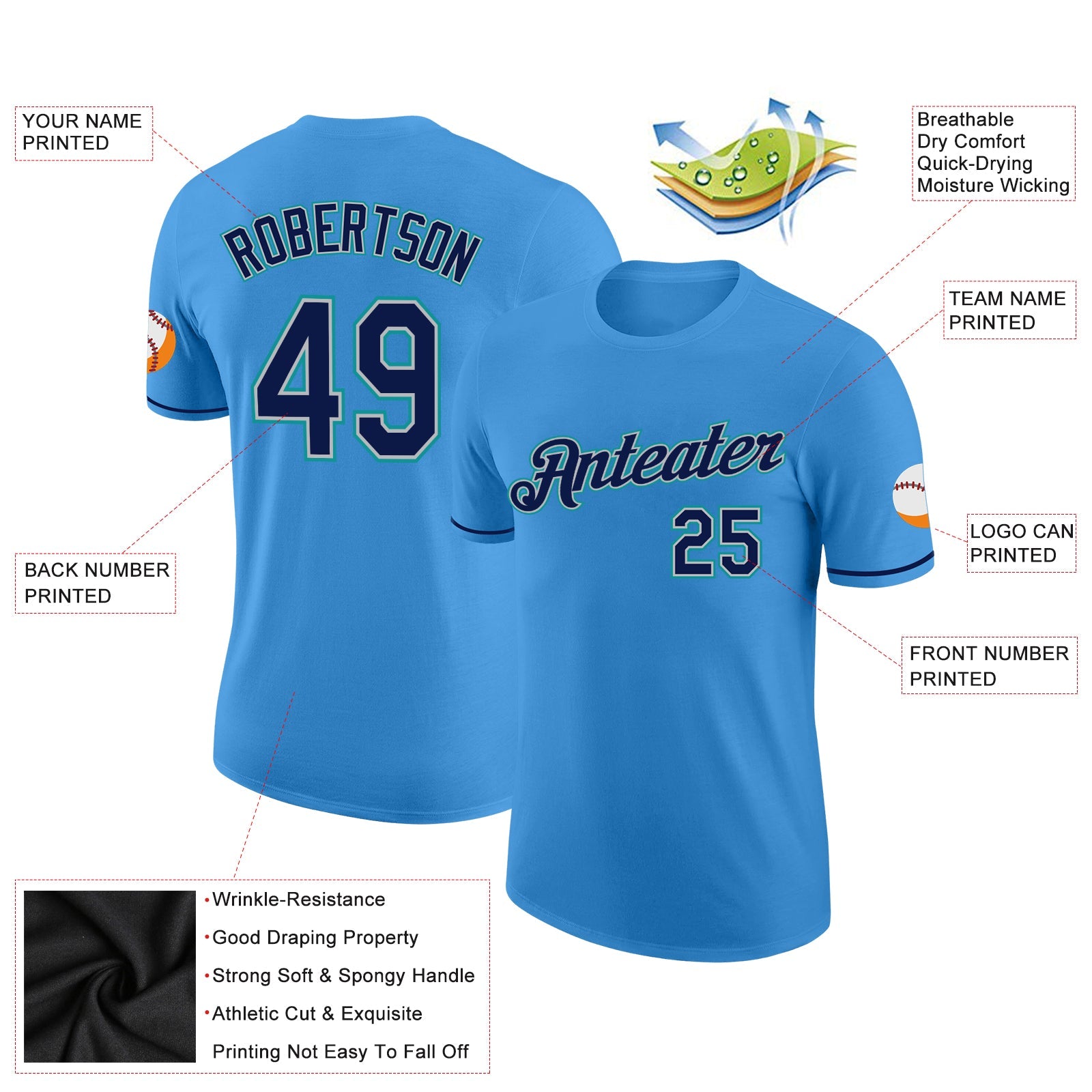 Custom Powder Blue Navy Gray-Teal Performance T-Shirt view 2