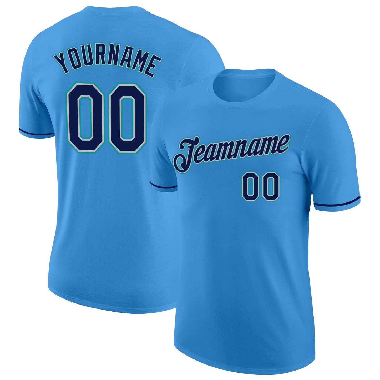 Custom Powder Blue Navy Gray-Teal Performance T-Shirt - Main View