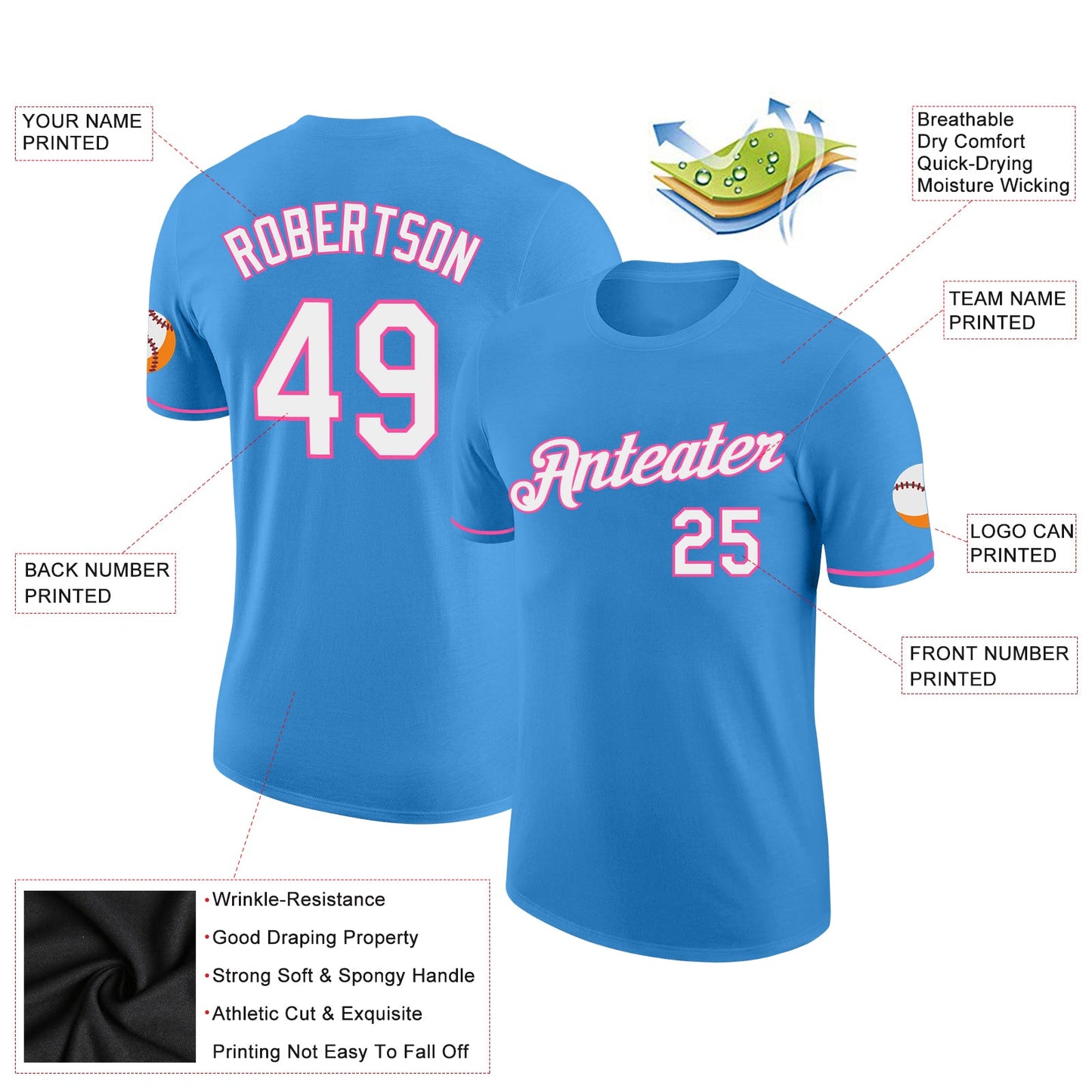 Custom Powder Blue White-Pink Performance T-Shirt view 2