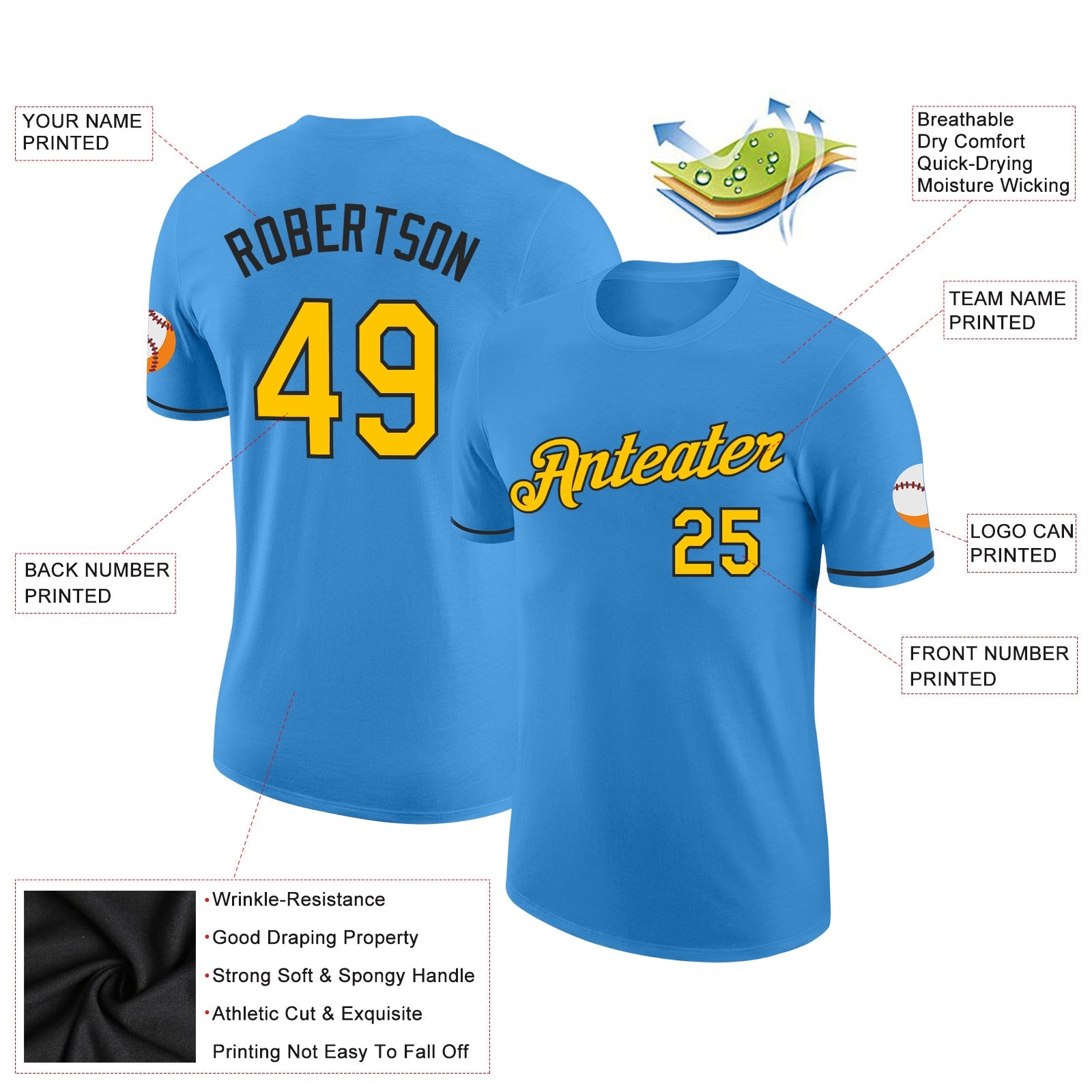 Custom Powder Blue Yellow-Black Performance T-Shirt view 2
