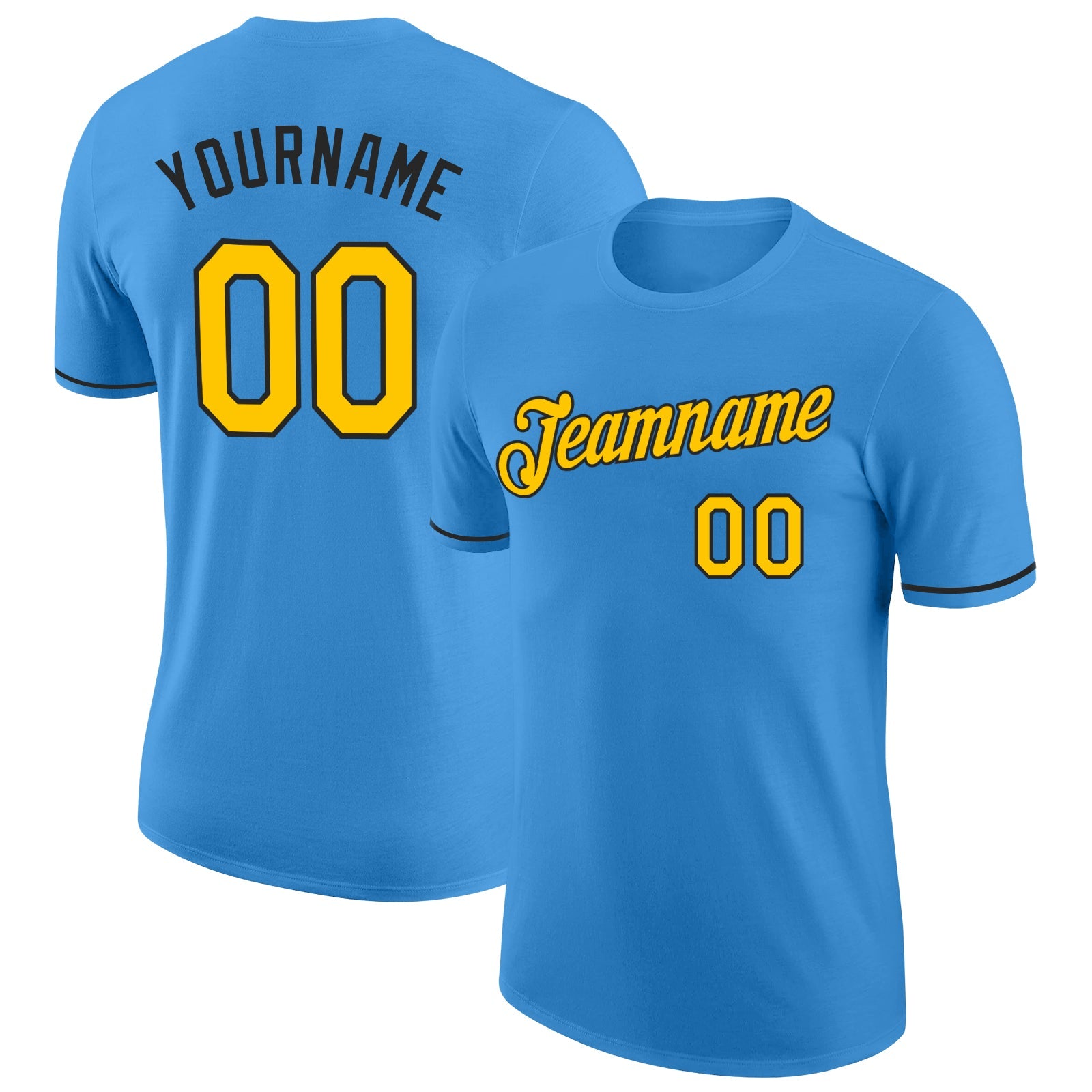 Custom Powder Blue Yellow-Black Performance T-Shirt - Main View
