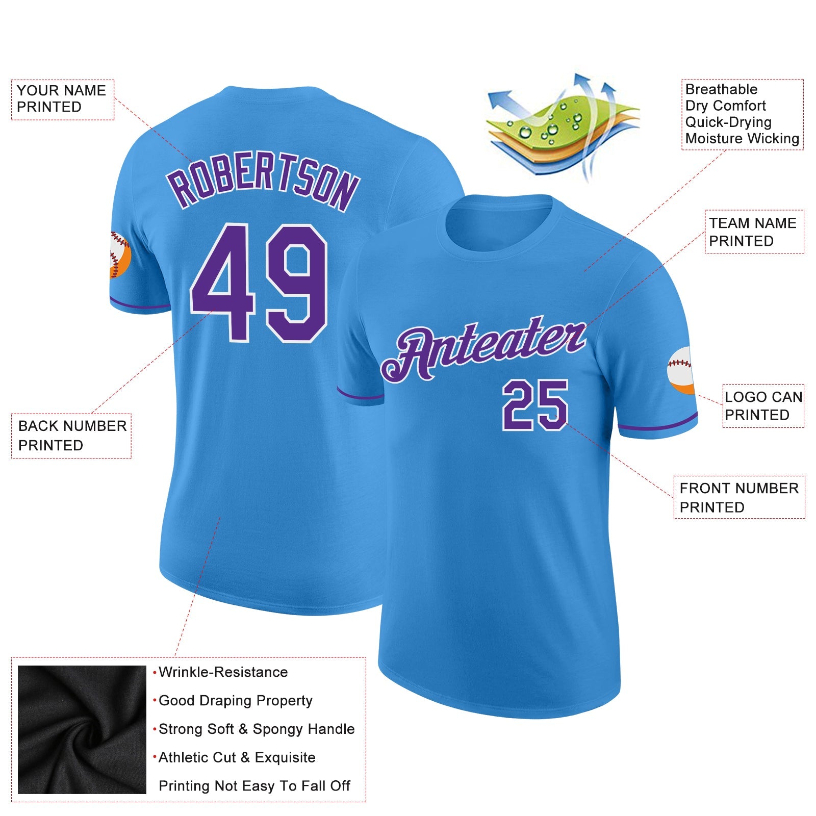 Custom Powder Blue Purple-White Performance T-Shirt view 2
