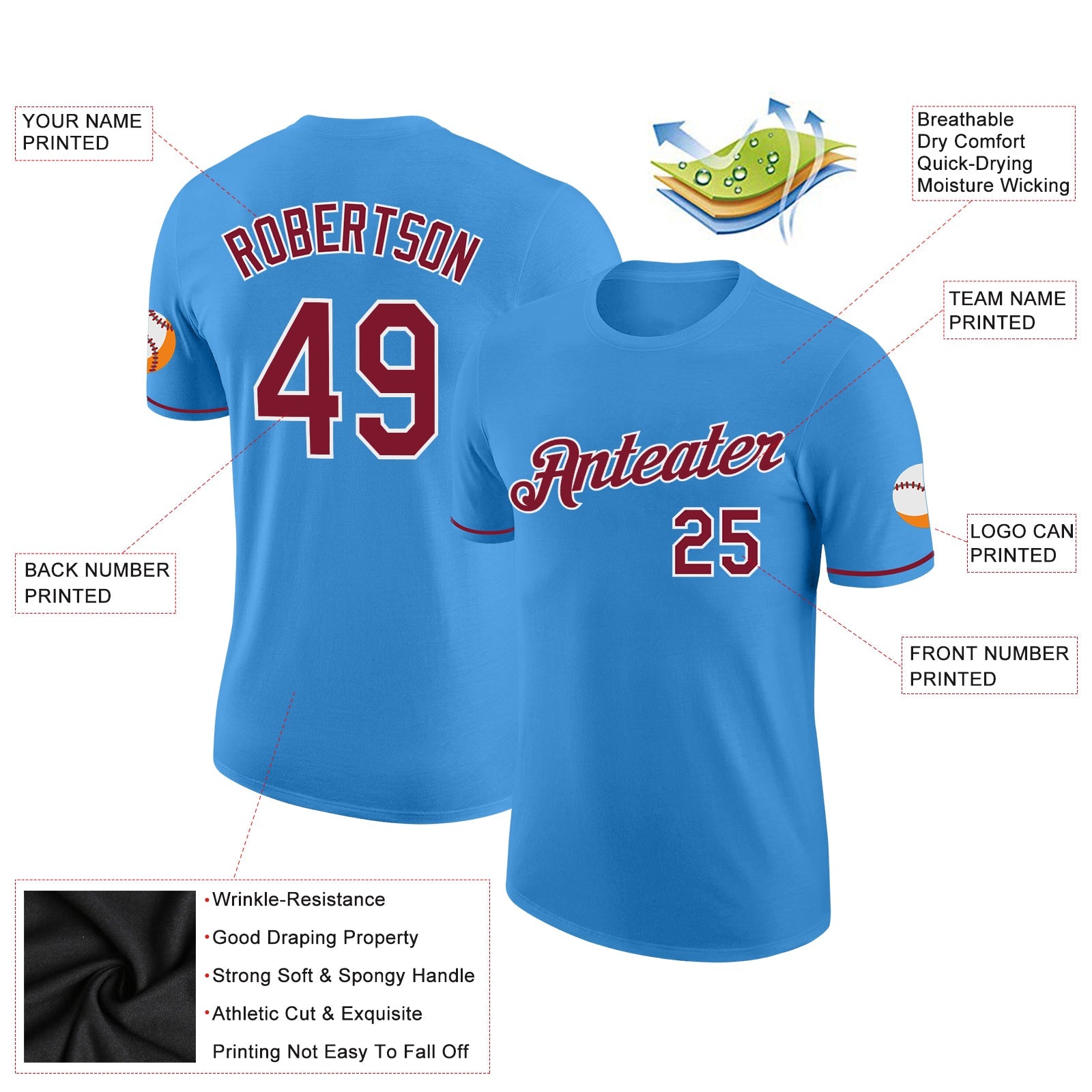 Custom Powder Blue Crimosn-White Performance T-Shirt view 2