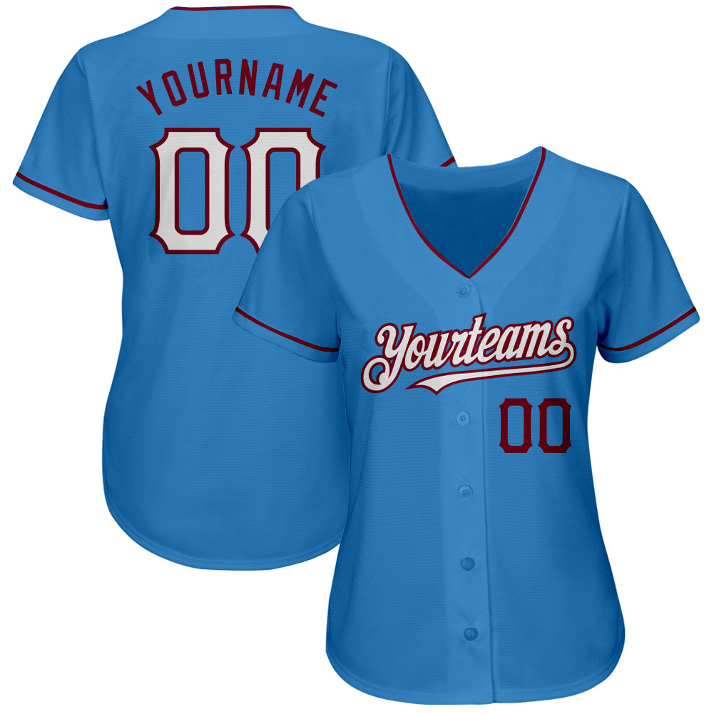 Custom Powder Blue White-Crimson Authentic Baseball Jersey view 2