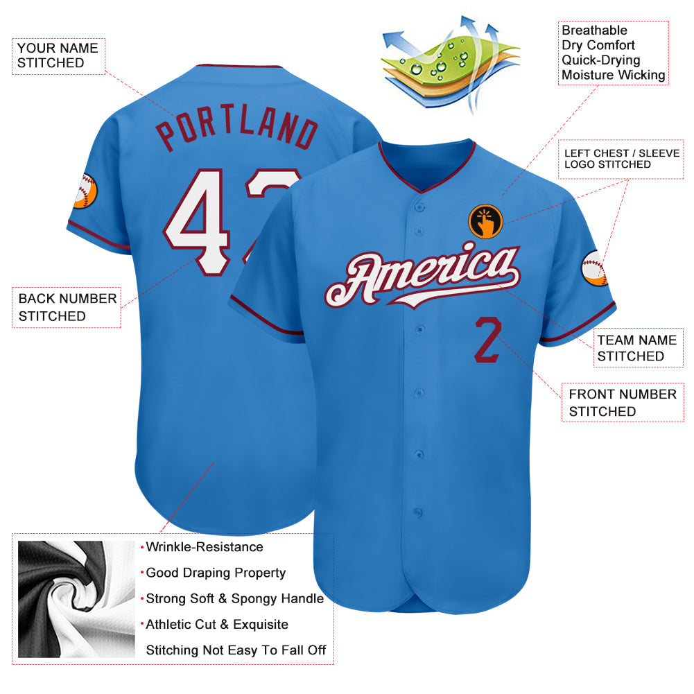 Custom Powder Blue White-Crimson Authentic Baseball Jersey view 3
