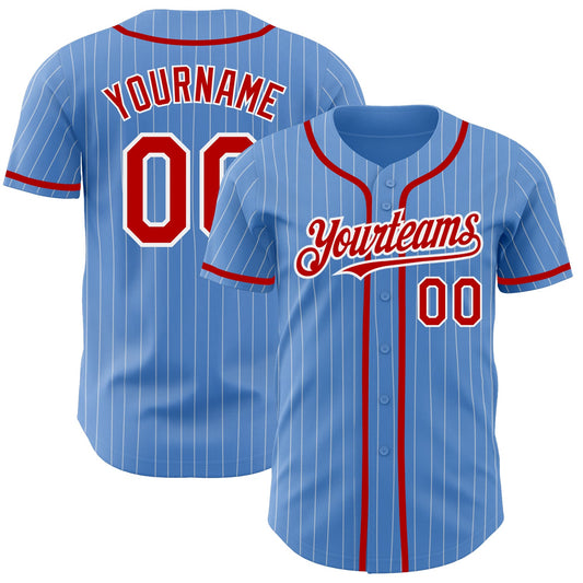 Custom Powder Blue White Pinstripe Red Authentic Baseball Jersey - Main View