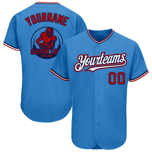 Custom Powder Blue Red-Navy Pinstripe Red Authentic Baseball Jersey - Main View