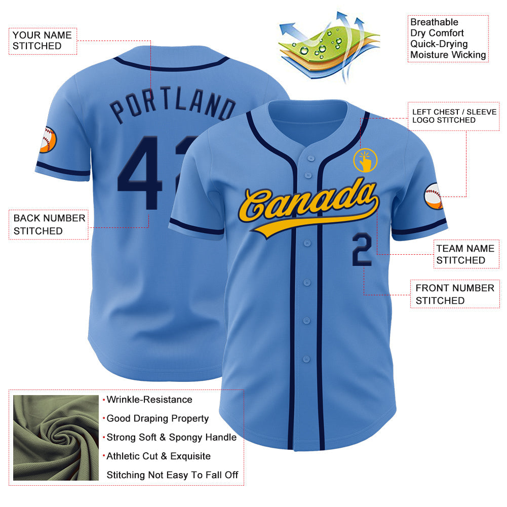 Custom Powder Blue Navy-Gold Authentic Baseball Jersey view 3