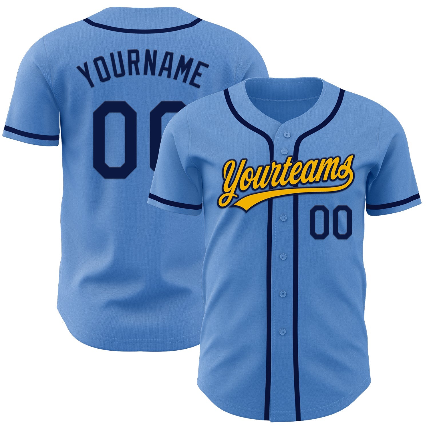 Custom Powder Blue Navy-Gold Authentic Baseball Jersey - Main View