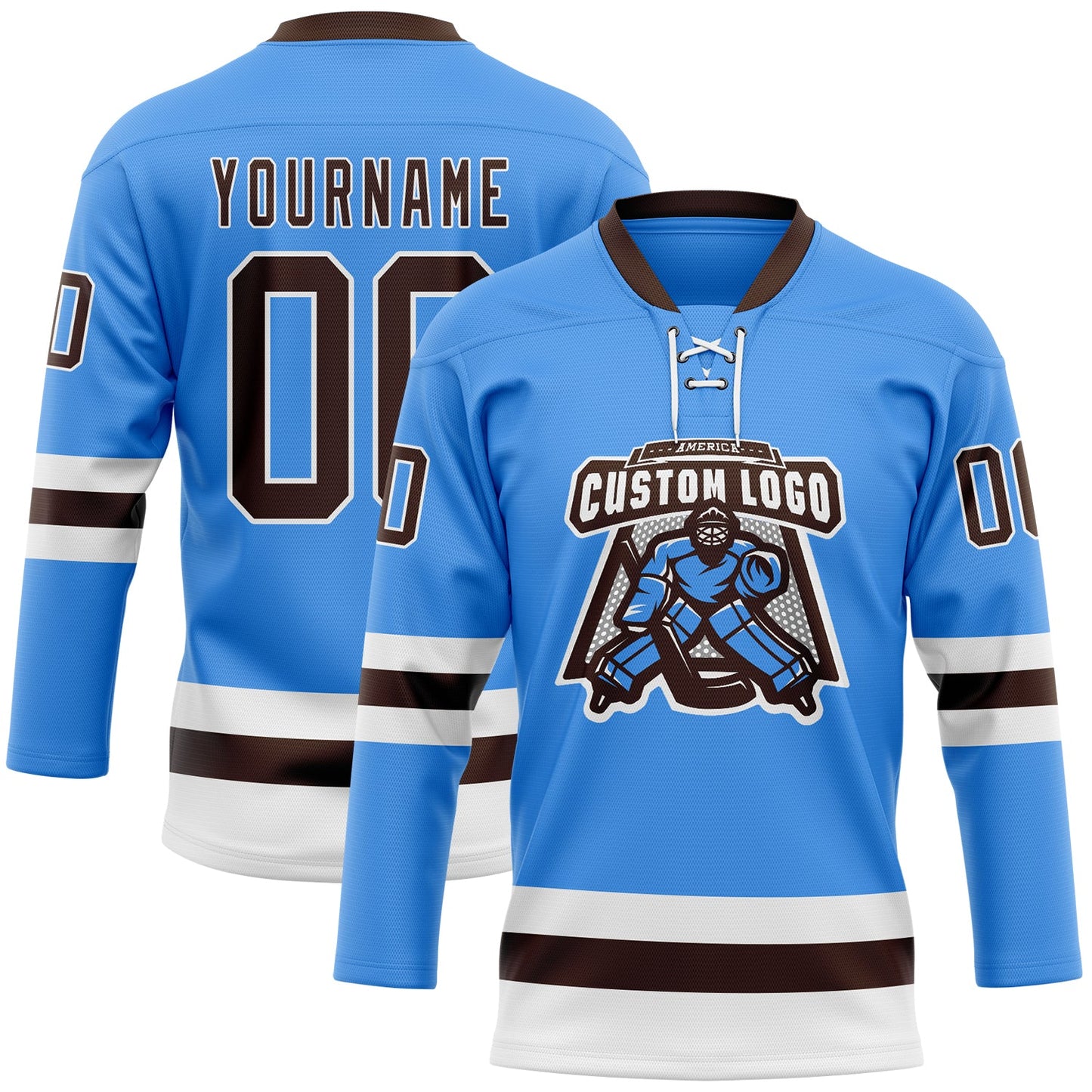 Custom Sky Blue Brown-White Hockey Lace Neck Jersey view 2