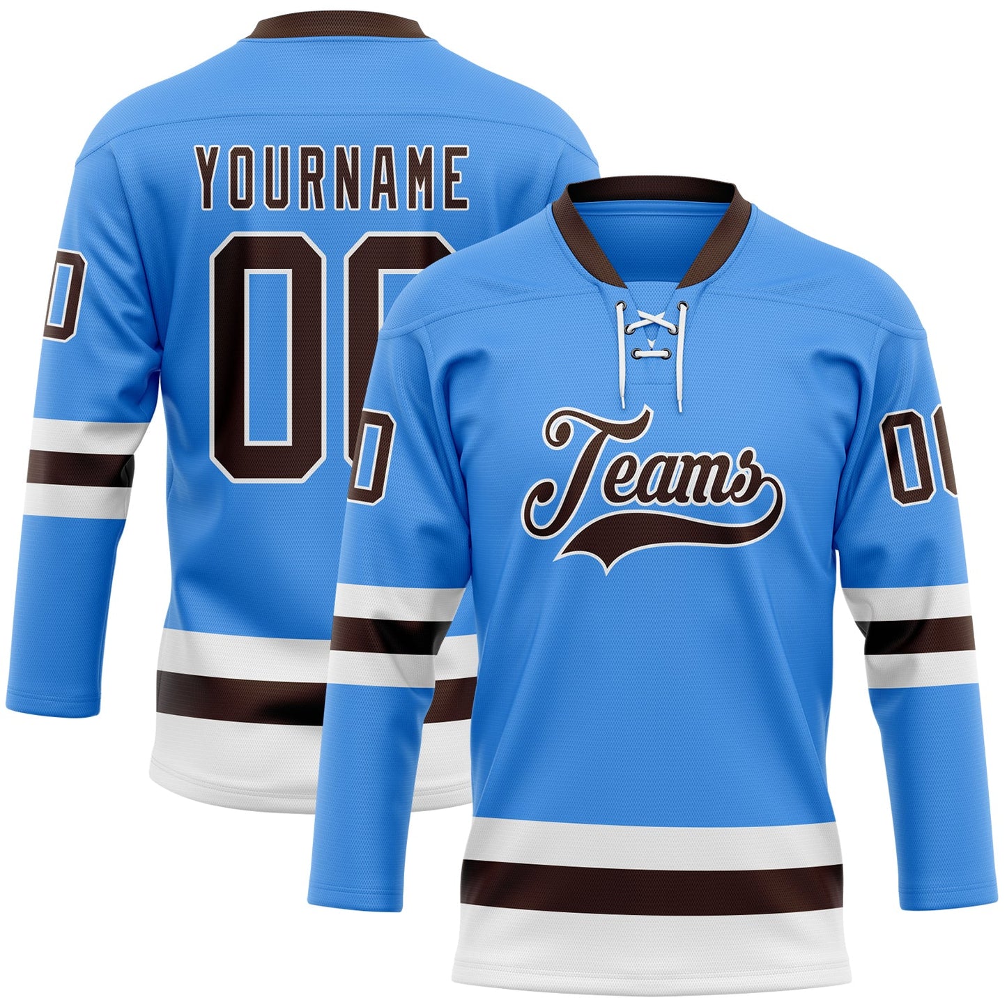 Custom Sky Blue Brown-White Hockey Lace Neck Jersey - Main View