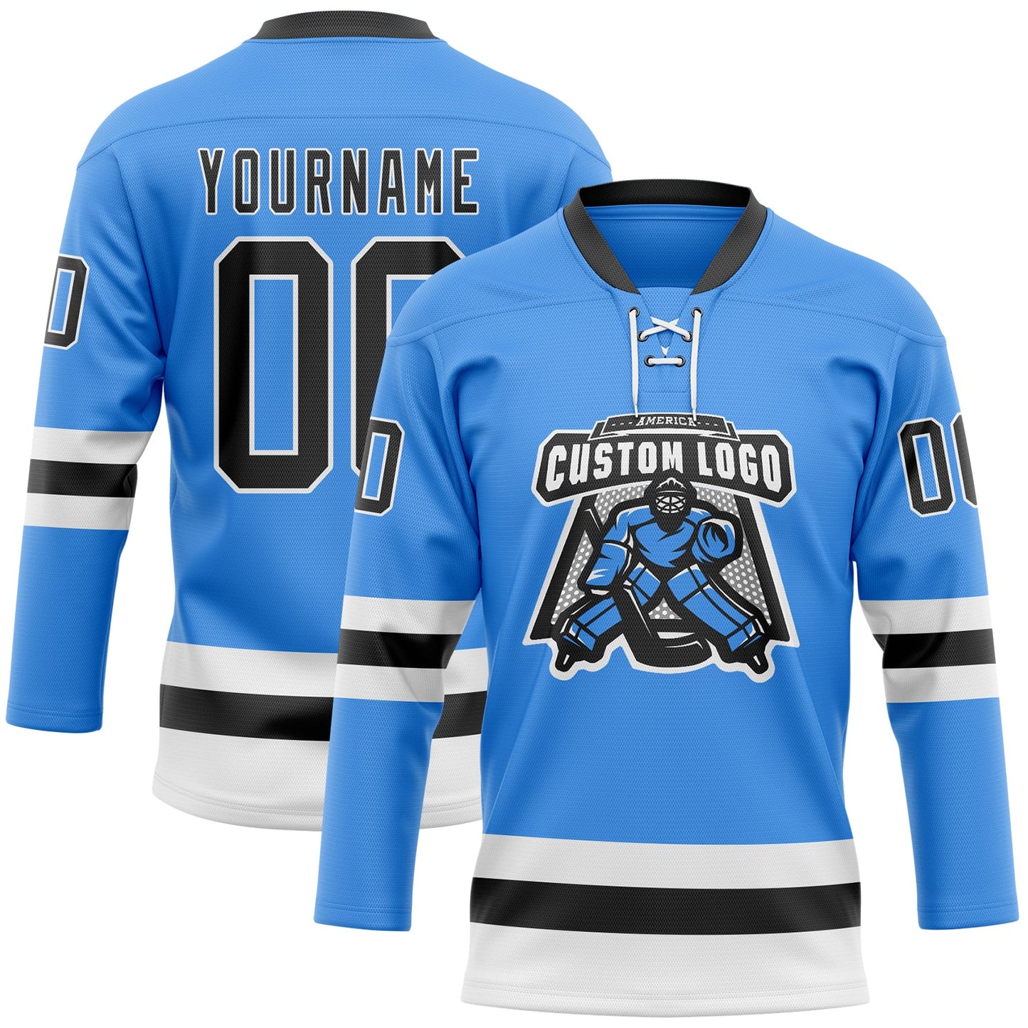 Custom Sky Blue Black-White Hockey Lace Neck Jersey view 2