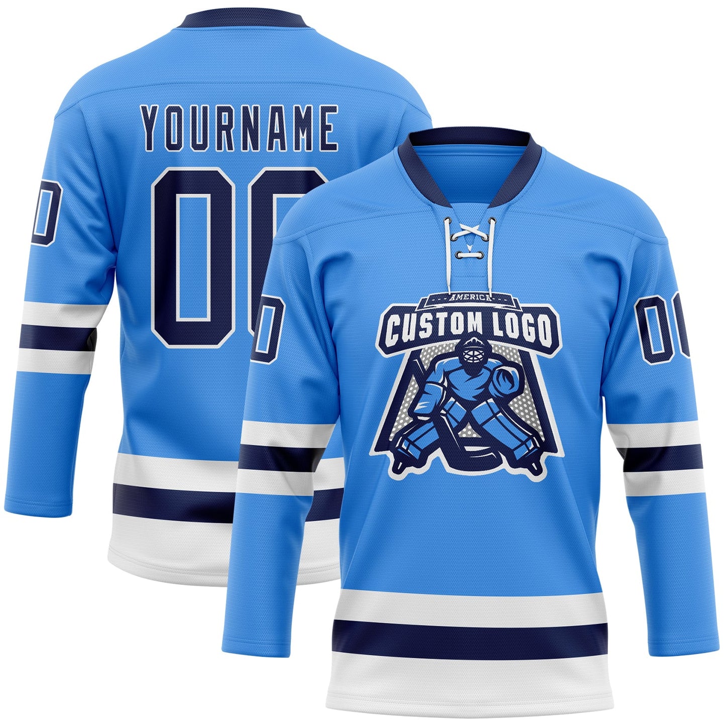 Custom Sky Blue Navy-White Hockey Lace Neck Jersey view 2
