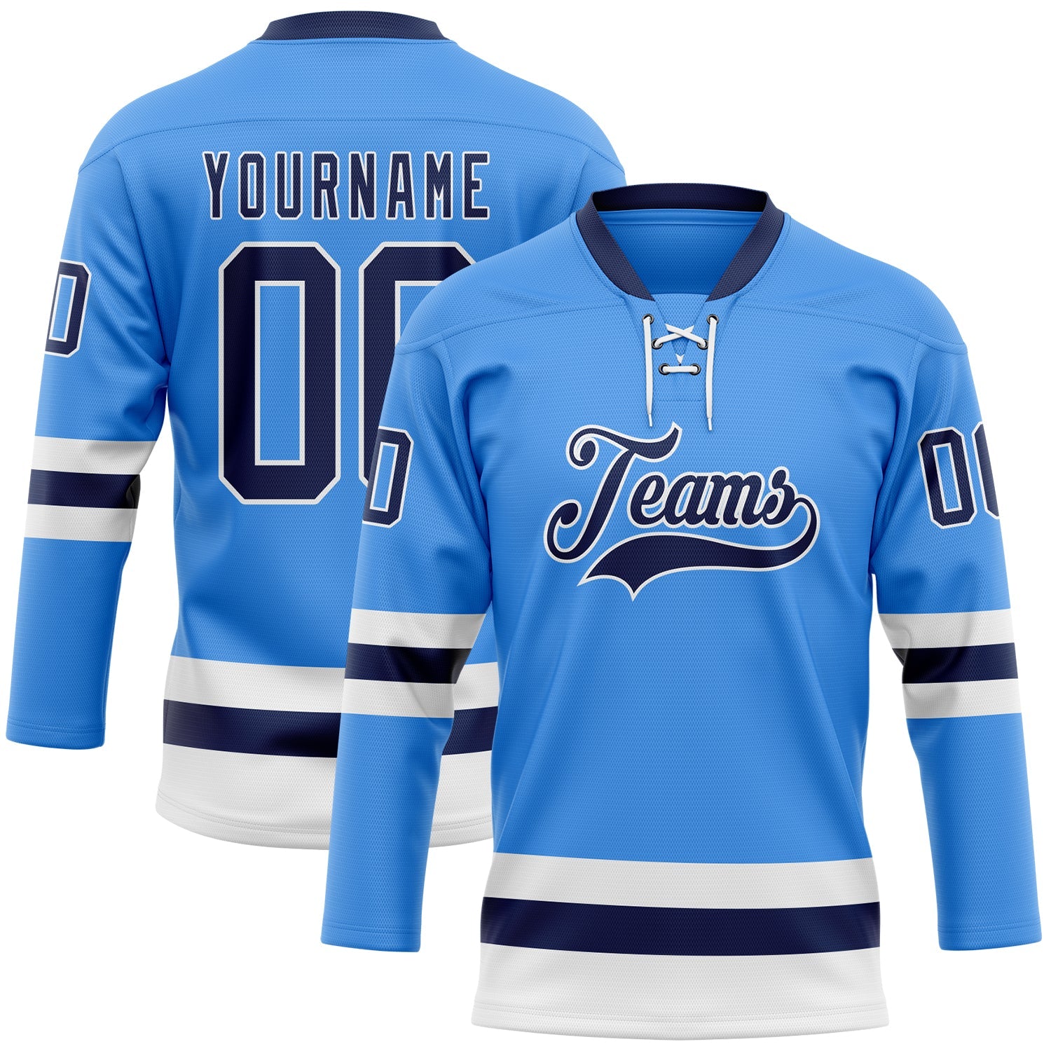 Custom Sky Blue Navy-White Hockey Lace Neck Jersey - Main View