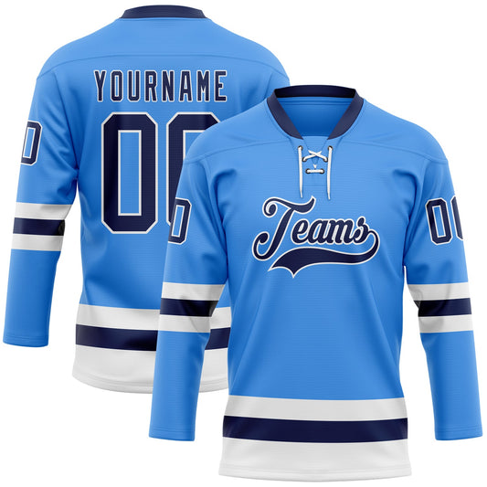 Custom Sky Blue Navy-White Hockey Lace Neck Jersey - Main View