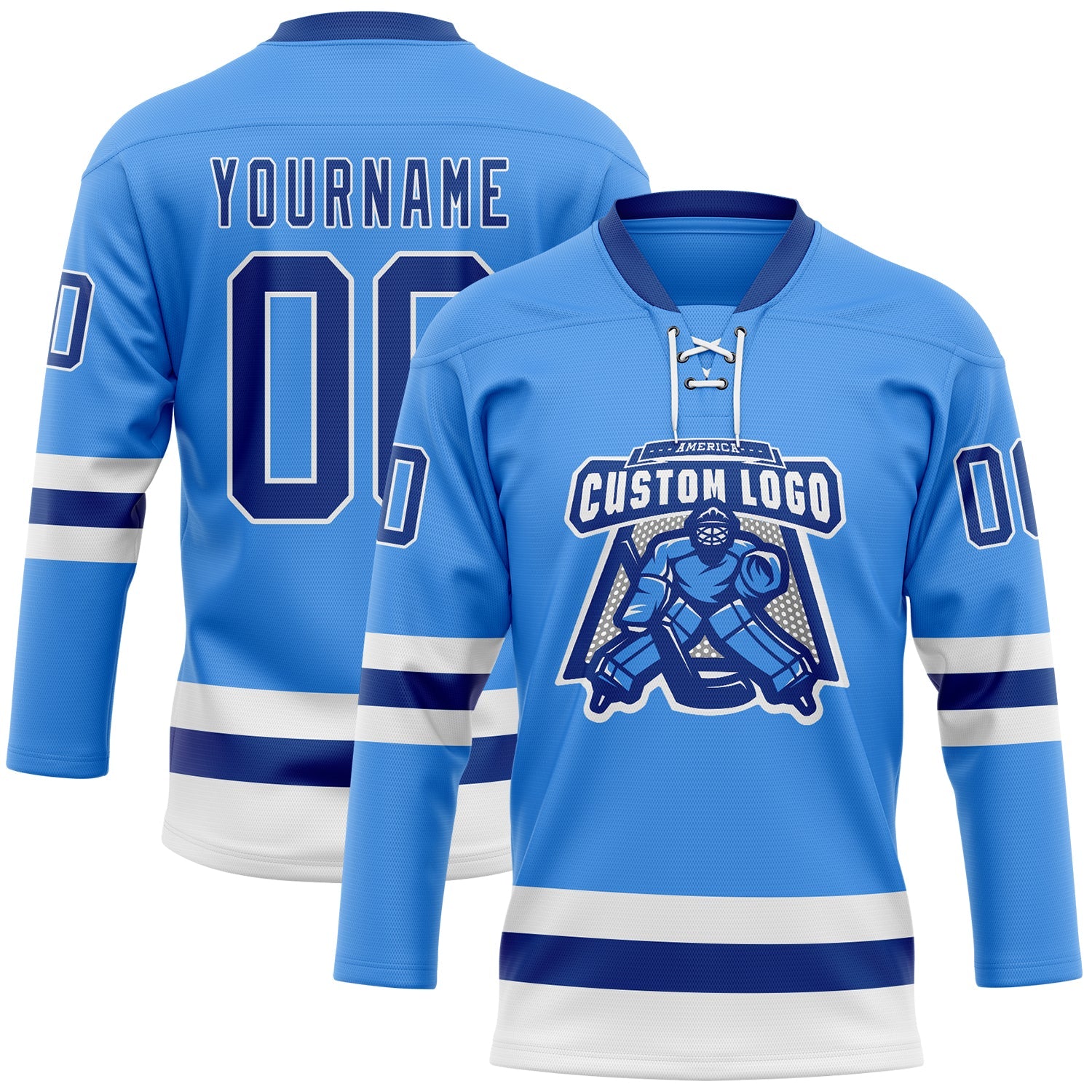 Custom Sky Blue Royal-White Hockey Lace Neck Jersey view 2