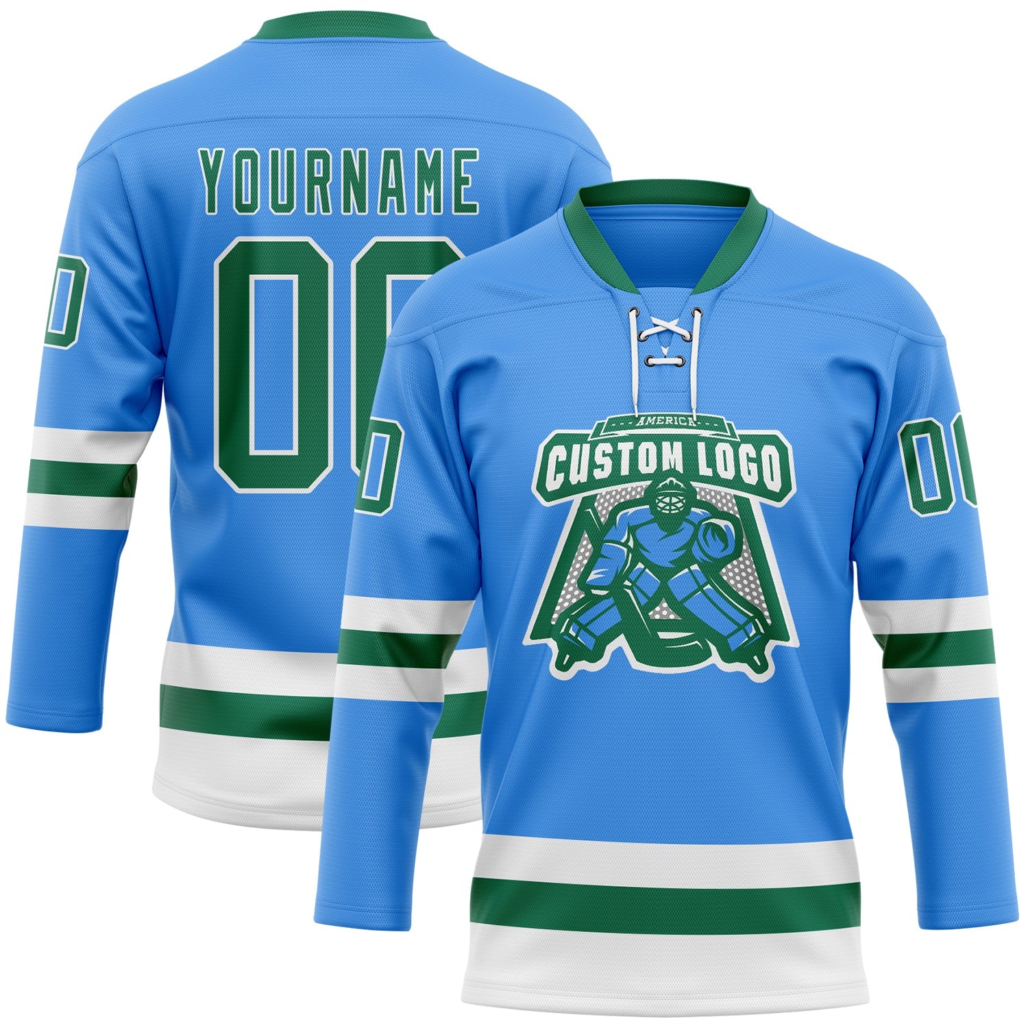 Custom Sky Blue Kelly Green-White Hockey Lace Neck Jersey view 2