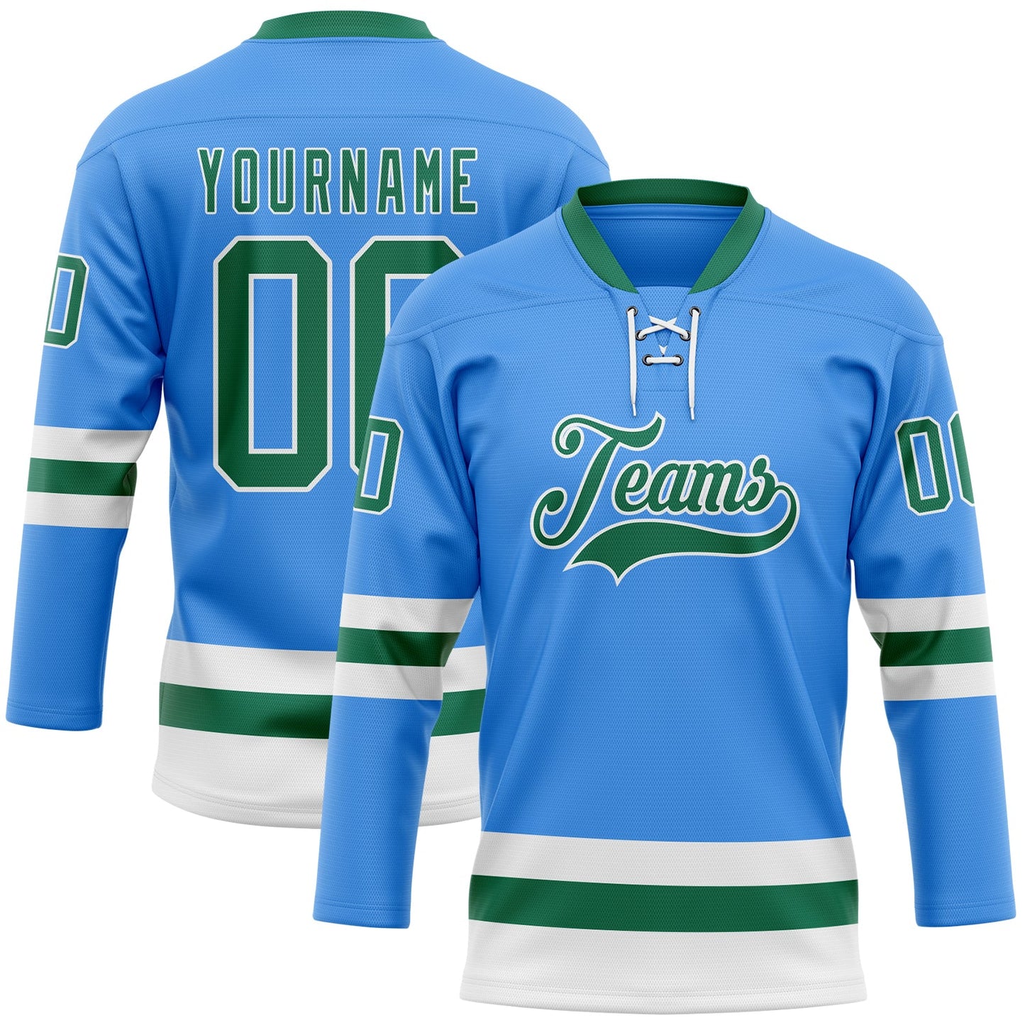 Custom Sky Blue Kelly Green-White Hockey Lace Neck Jersey - Main View